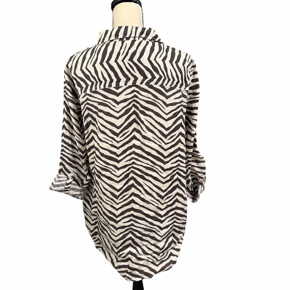 Tahari Wmn Cream Zebra Print 100% Linen Lagenlook Roll Tab Sleeve Tunic Top Sz L - Picture 3 of 5